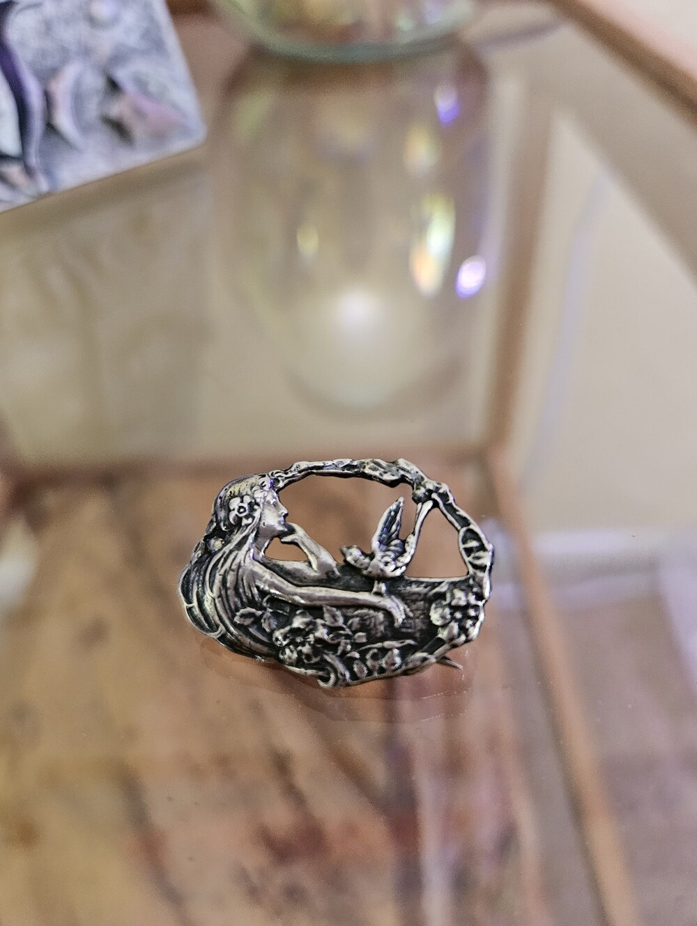 Vintage Art Nouveau Sterling Silver Brooch, Lady with Bird